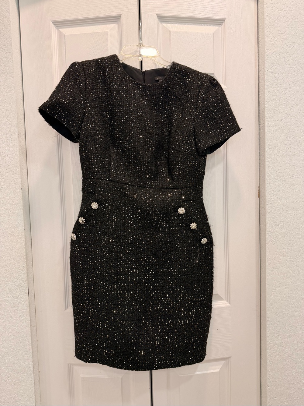 Ann Taylor Black Tweed Short-Sleeve Mini Dress with Embellished Buttons